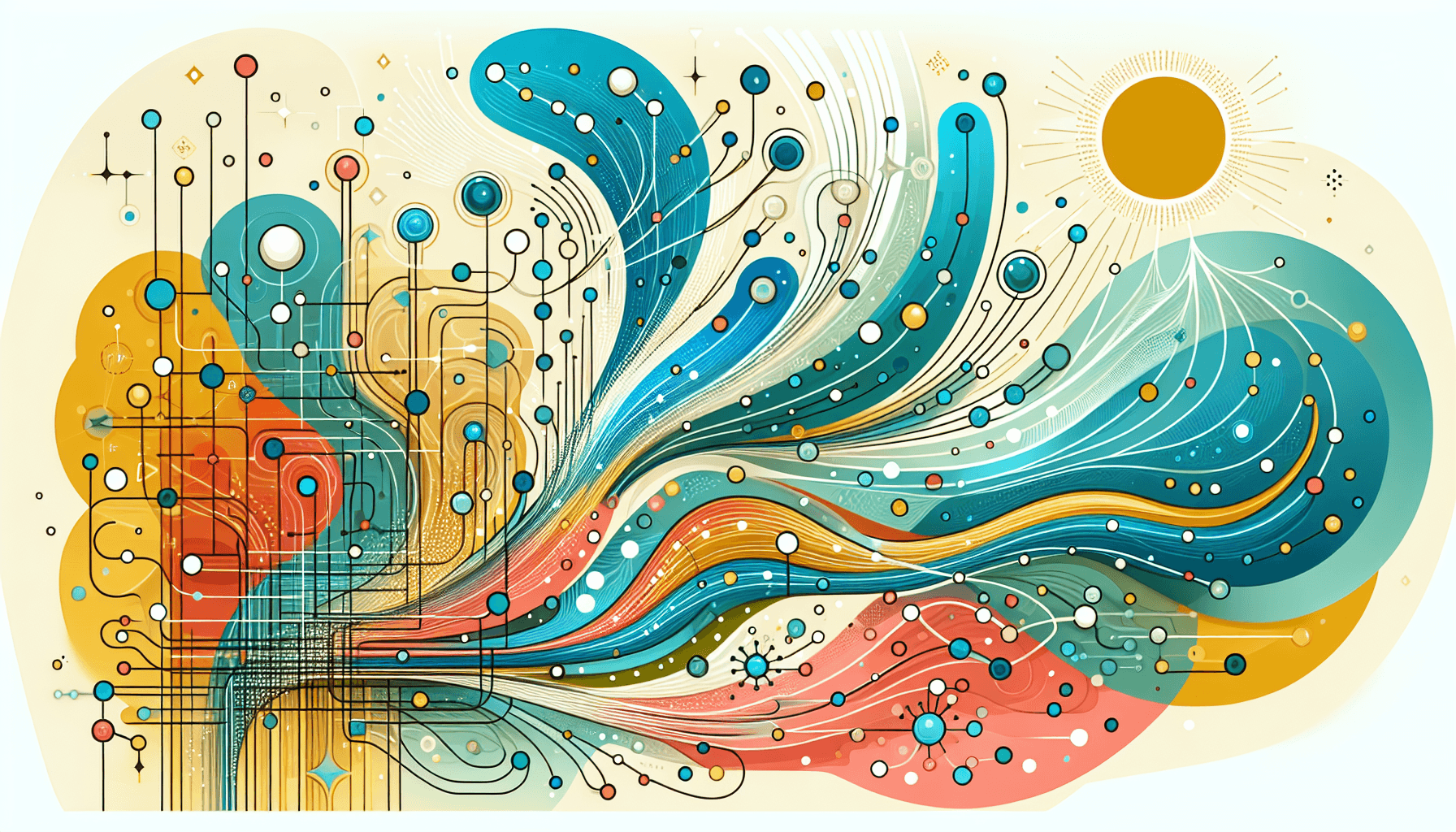 Abstract illustration of AI agents and autonomous systems transforming business workflows in vibrant teal, gold, coral and blue colors