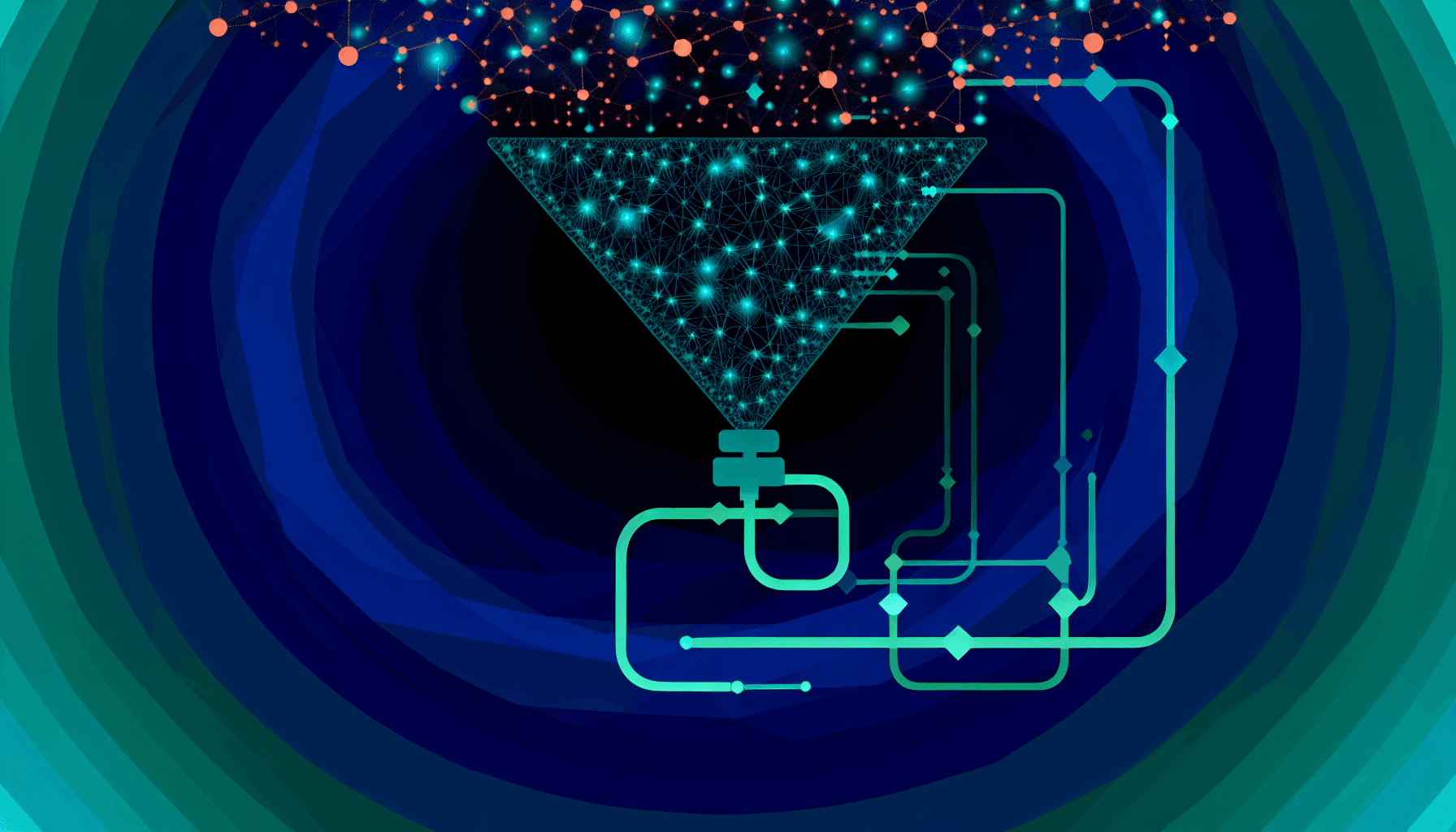 AI agents for sales — abstract illustration of glowing neural network nodes connected by teal and coral light trails forming a sales pipeline funnel on a dark navy background