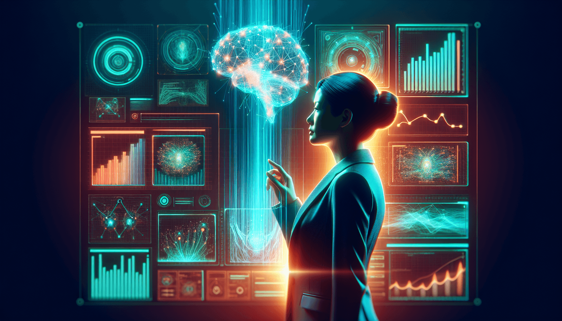AI business intelligence and data analytics — professional business leader examining glowing teal and coral data dashboards with neural network overlays representing AI-powered analytics and business intelligence