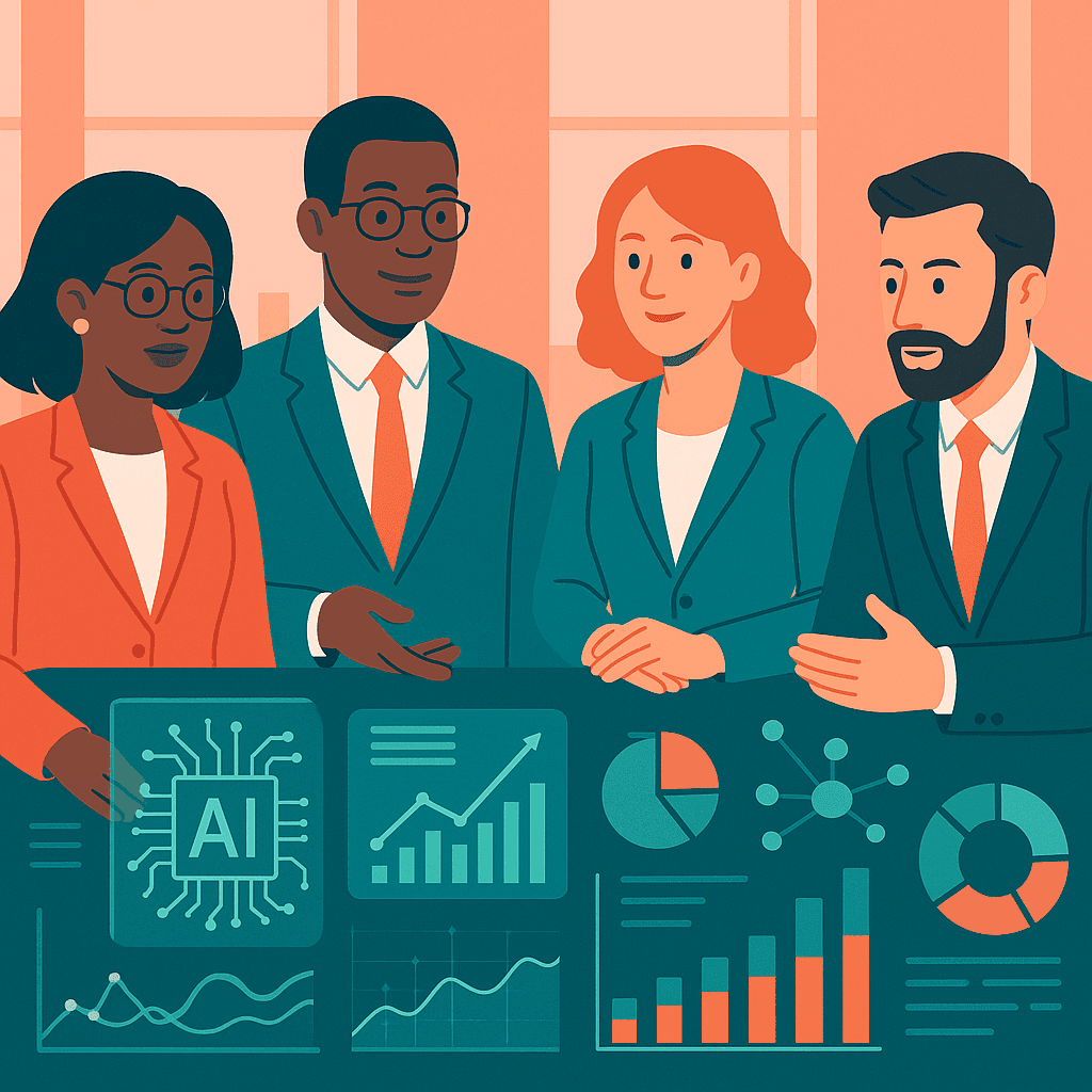 AI change management — illustration of a diverse team collaborating around glowing AI interfaces, representing organizational transformation and change management in the age of artificial intelligence