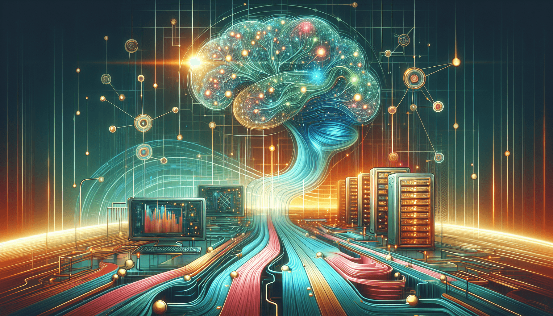 AI coding agents governance — abstract illustration of a glowing neural network brain connected to enterprise servers and code streams in vibrant teal, coral, and gold colors