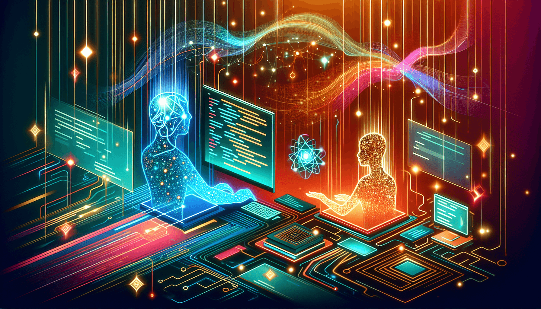 AI coding agents transforming software development — abstract illustration of glowing developer silhouettes collaborating with AI across neural network pathways and flowing code streams in teal, coral, and gold colors