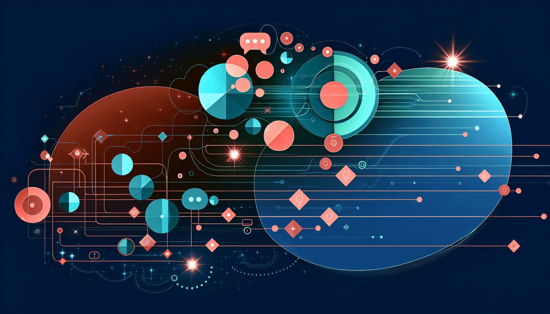 AI customer service — abstract illustration of glowing teal and coral geometric shapes representing chat conversations and CRM data flow connected by light trails on a dark navy background