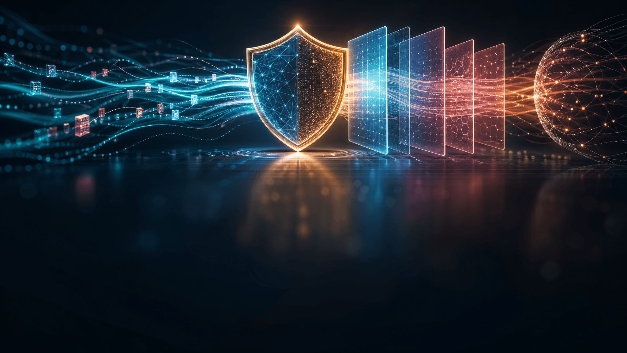 AI data privacy concept — glowing digital shield protecting streams of business data with neural network patterns and encryption layers in vibrant teal, blue, coral, and gold colors