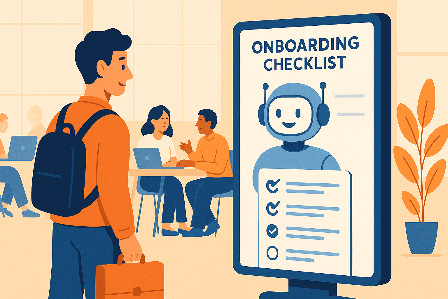 AI employee onboarding program showing a personalized digital checklist guiding a new hire in a modern office