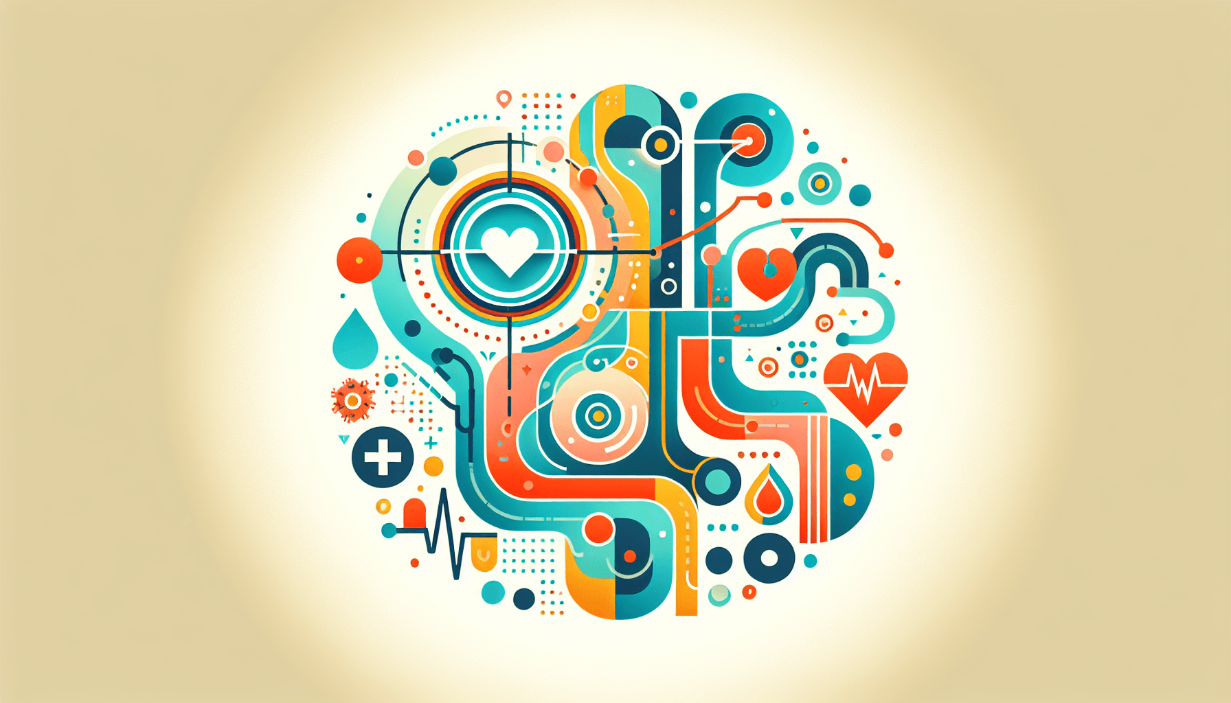 AI for healthcare — abstract illustration of teal and coral medical icons, heartbeat lines, and digital connection paths representing AI-powered clinical care