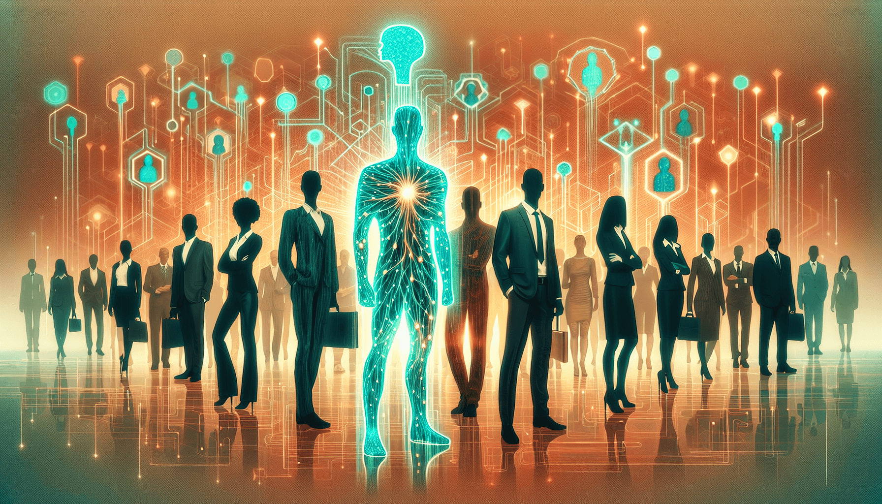 AI for human resources — vibrant abstract illustration of diverse professional silhouettes in the upper portion of the frame connected by glowing teal neural network pathways representing AI-powered hiring and talent management