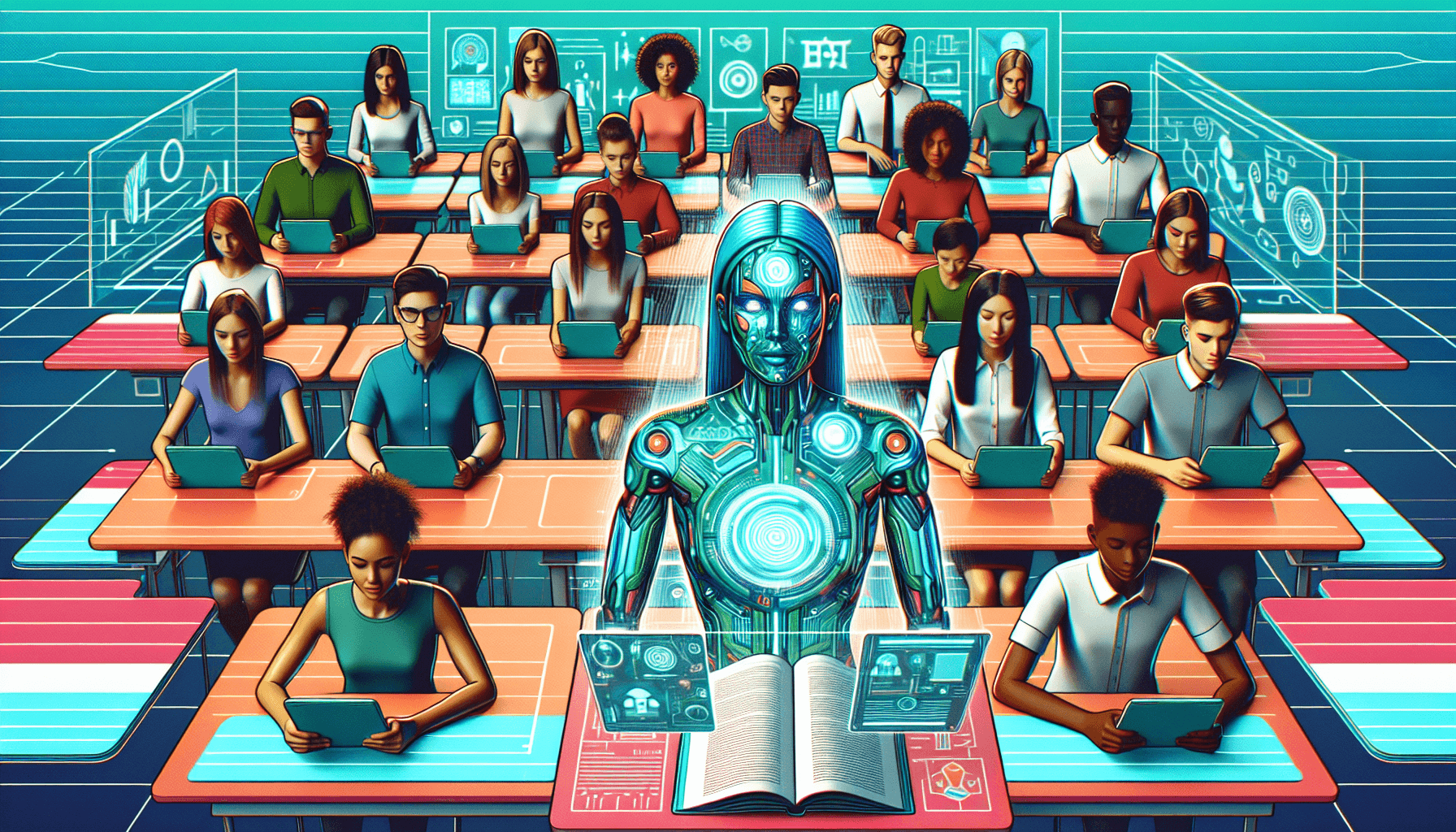 AI in education — diverse students using holographic AI interfaces and tablets in a modern classroom with a teacher guiding from the front