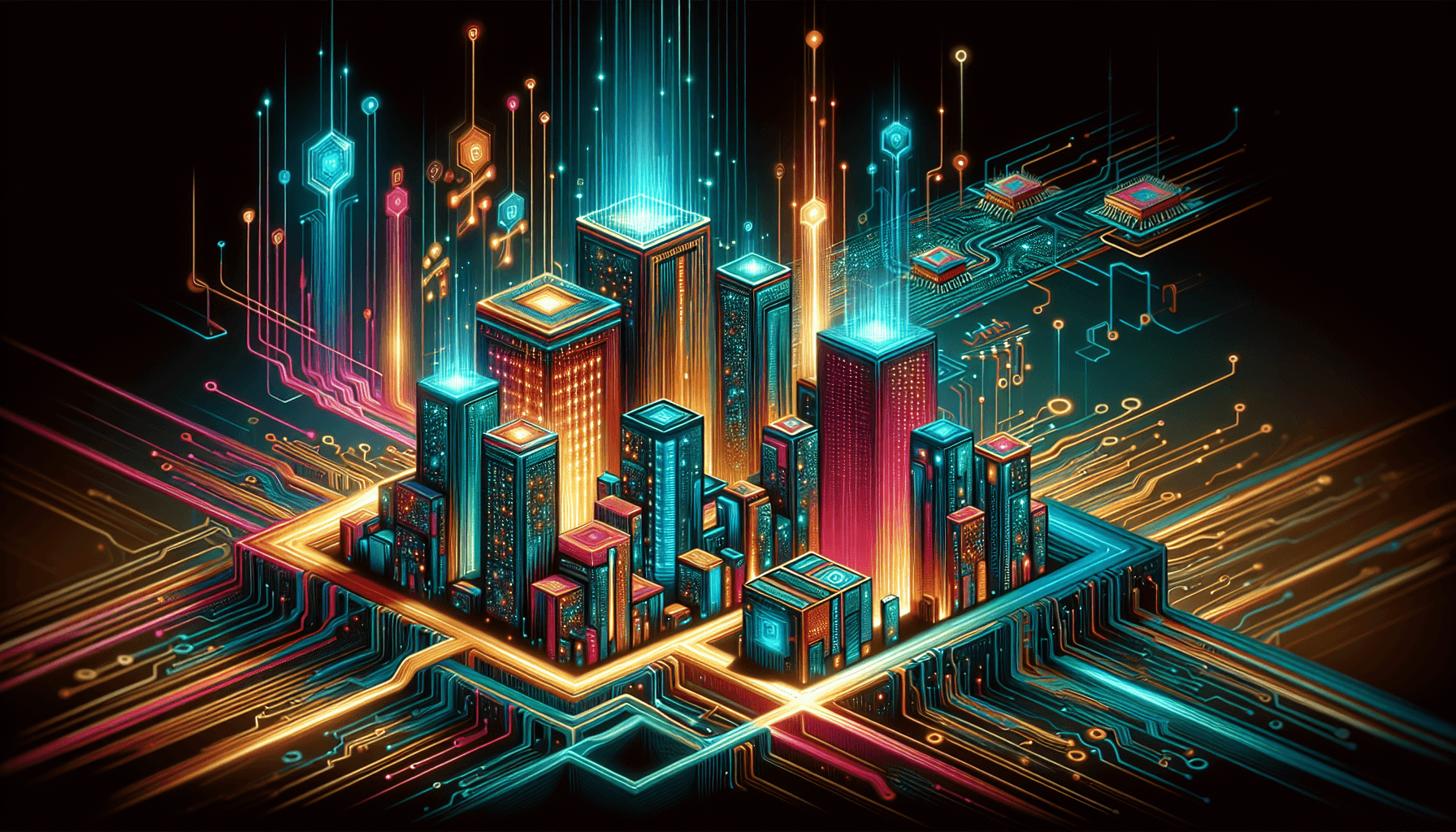 Abstract futuristic illustration of AI infrastructure with glowing data center towers, circuit board pathways, and energy streams in teal, coral, and gold
