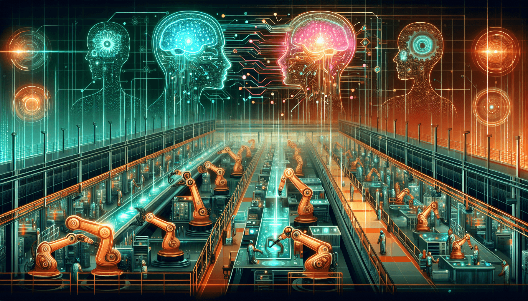 AI in manufacturing smart factory — futuristic factory floor with robotic arms, holographic data dashboards, and neural network overlays on assembly lines in vibrant teal, coral, and gold colors