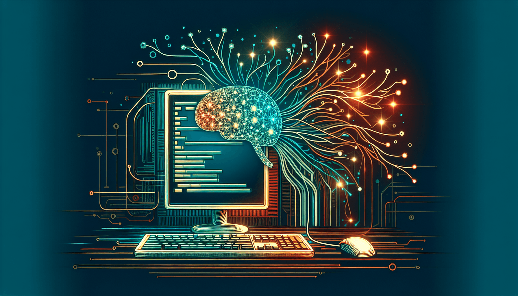 AI prompt engineering for business — abstract illustration of neural networks and command prompts in vibrant teal, coral, and gold colors