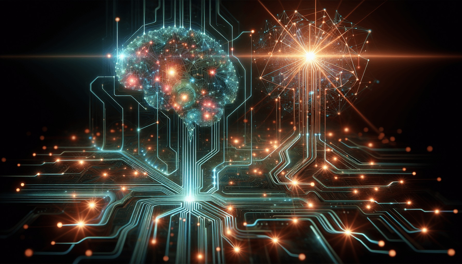 AI marketing automation — abstract illustration of glowing neural network pathways forming branching decision trees representing personalized marketing at scale in teal, coral, and gold colors