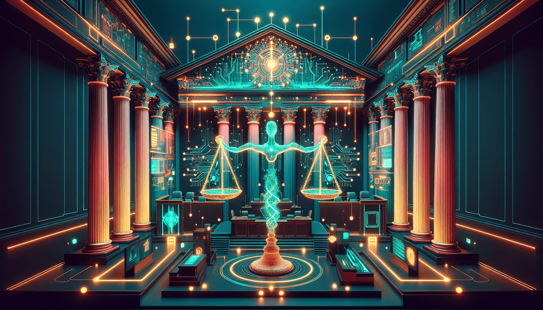 AI regulation 2026 — abstract illustration of glowing scales of justice intertwined with neural network patterns and AI code streams in teal, coral, and gold