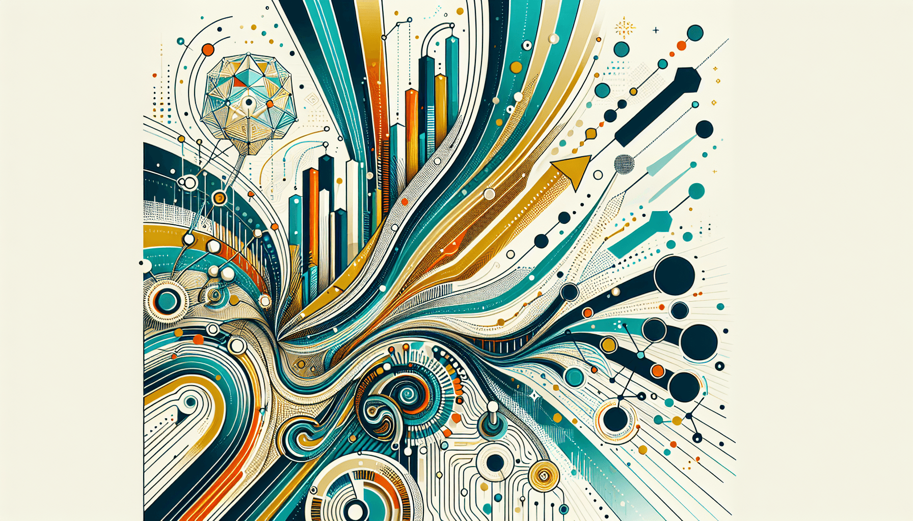 Abstract illustration of AI ROI and business value with upward trending charts and neural network patterns in vibrant teal, gold, and blue colors