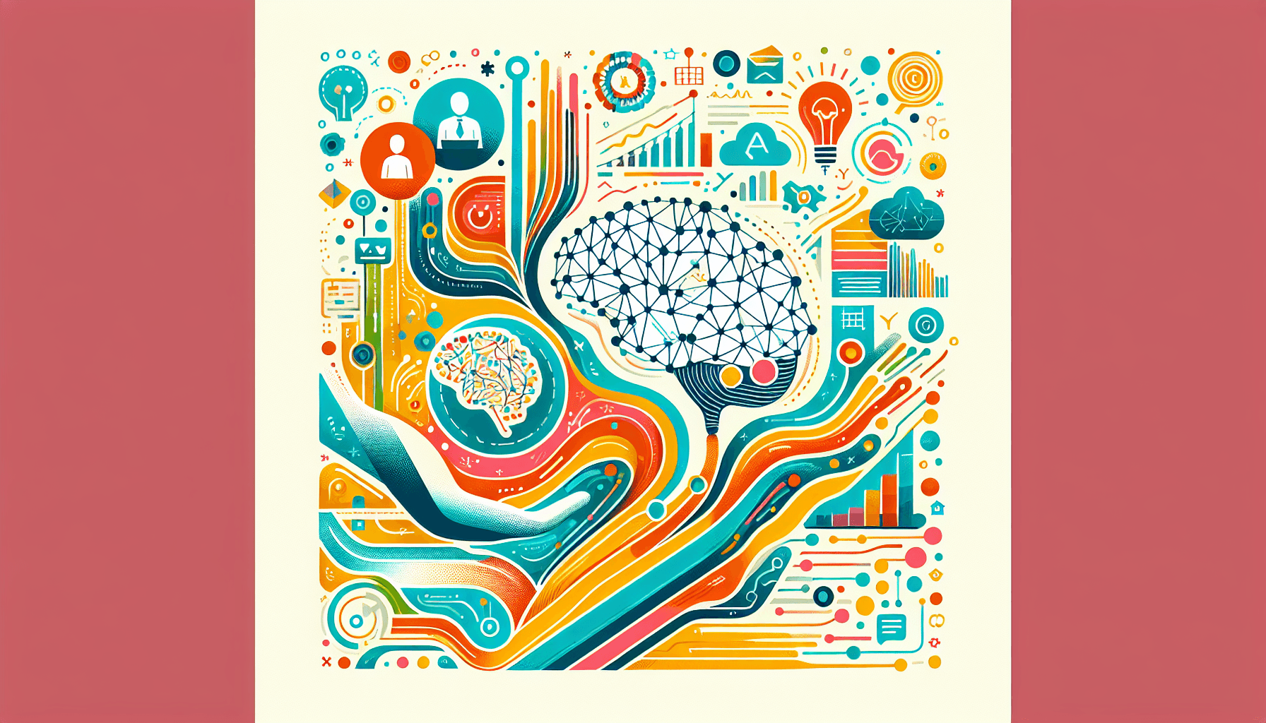 Abstract illustration of small business growth with AI technology in vibrant teal, gold, coral and blue colors