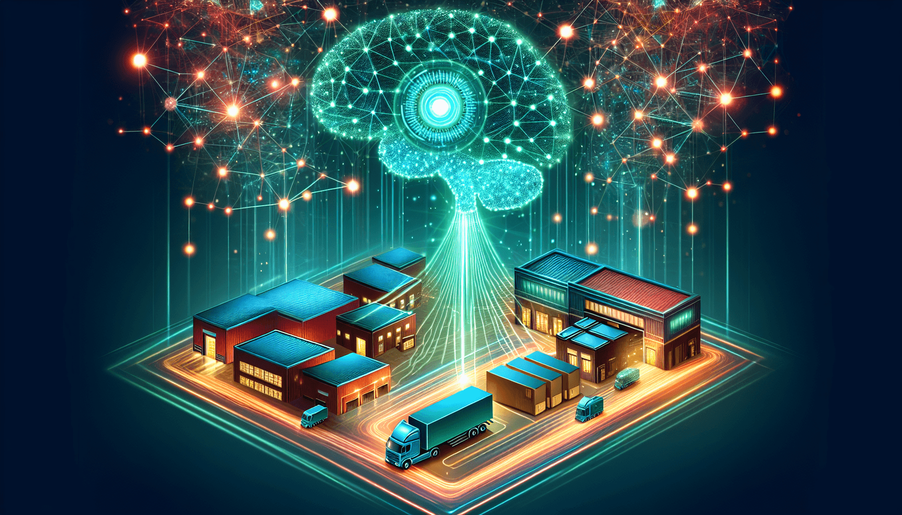 AI supply chain optimization — vibrant isometric illustration of glowing teal and coral logistics networks connecting factories, warehouses, and delivery trucks across a stylized global map with neural network data streams