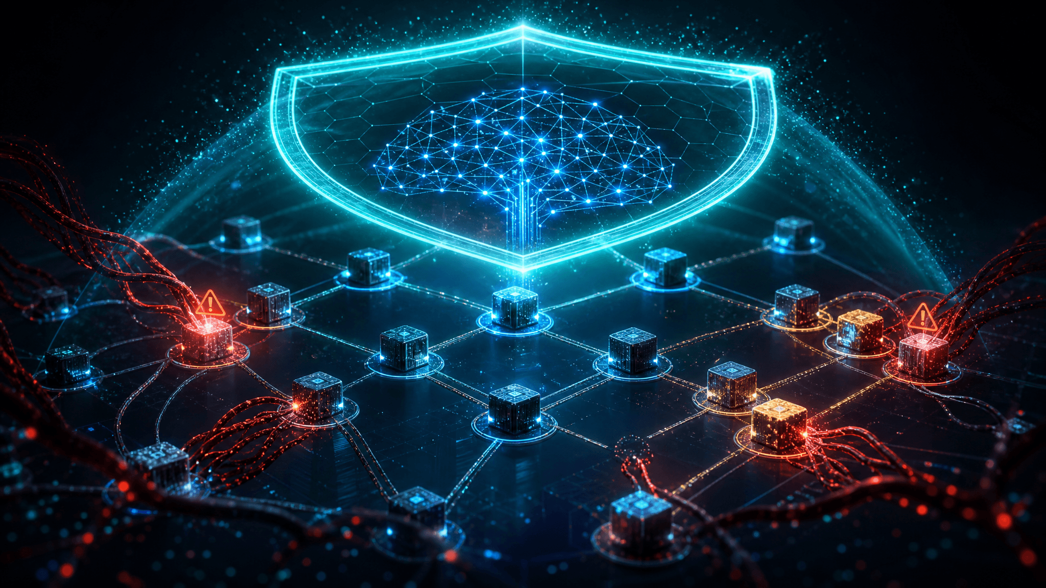 AI supply chain security concept — glowing cybersecurity shield protecting an AI neural network and dependency graph from malicious infiltration with vibrant teal, blue, coral, and gold colors