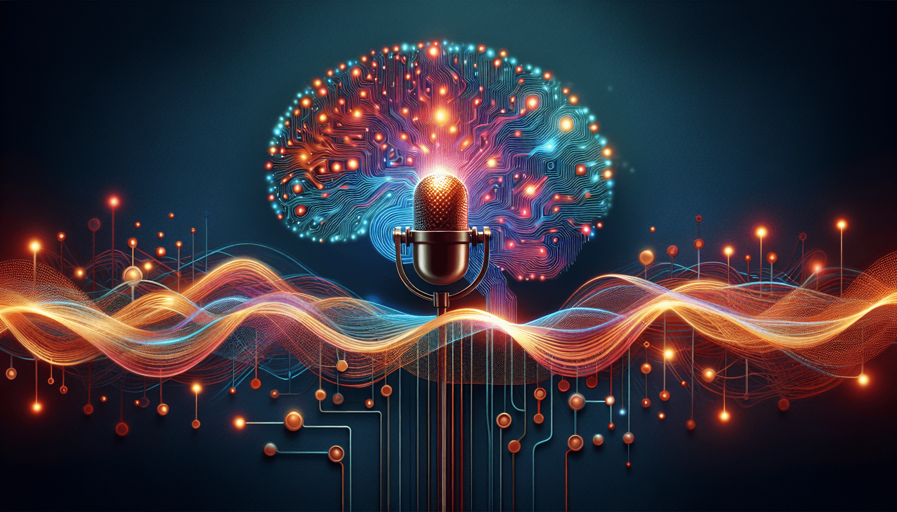 AI voice agents for business — glowing microphone transforming into neural network nodes and sound wave patterns representing AI-powered voice automation