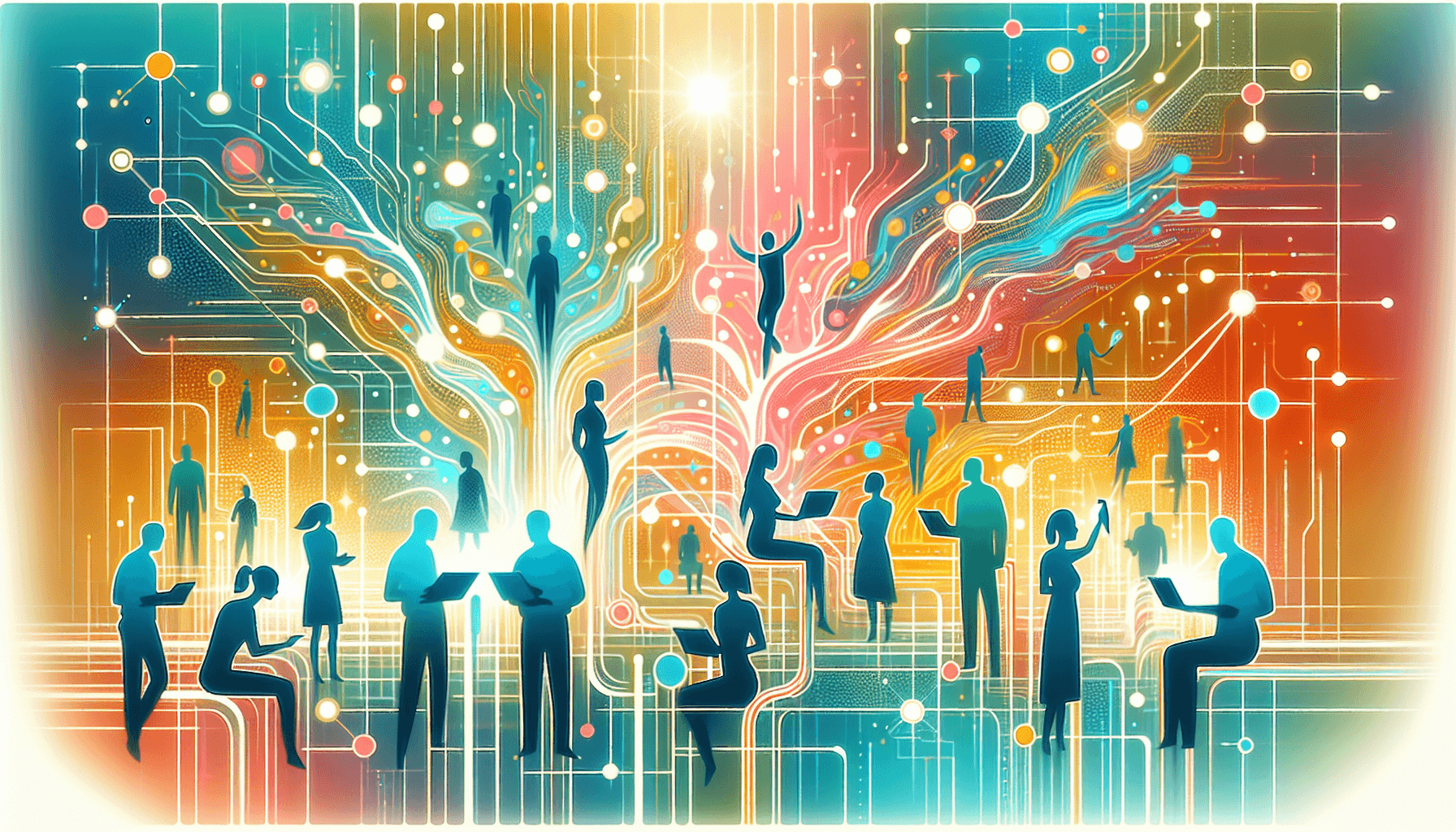 AI workforce transformation — abstract human silhouettes collaborating with glowing neural network nodes