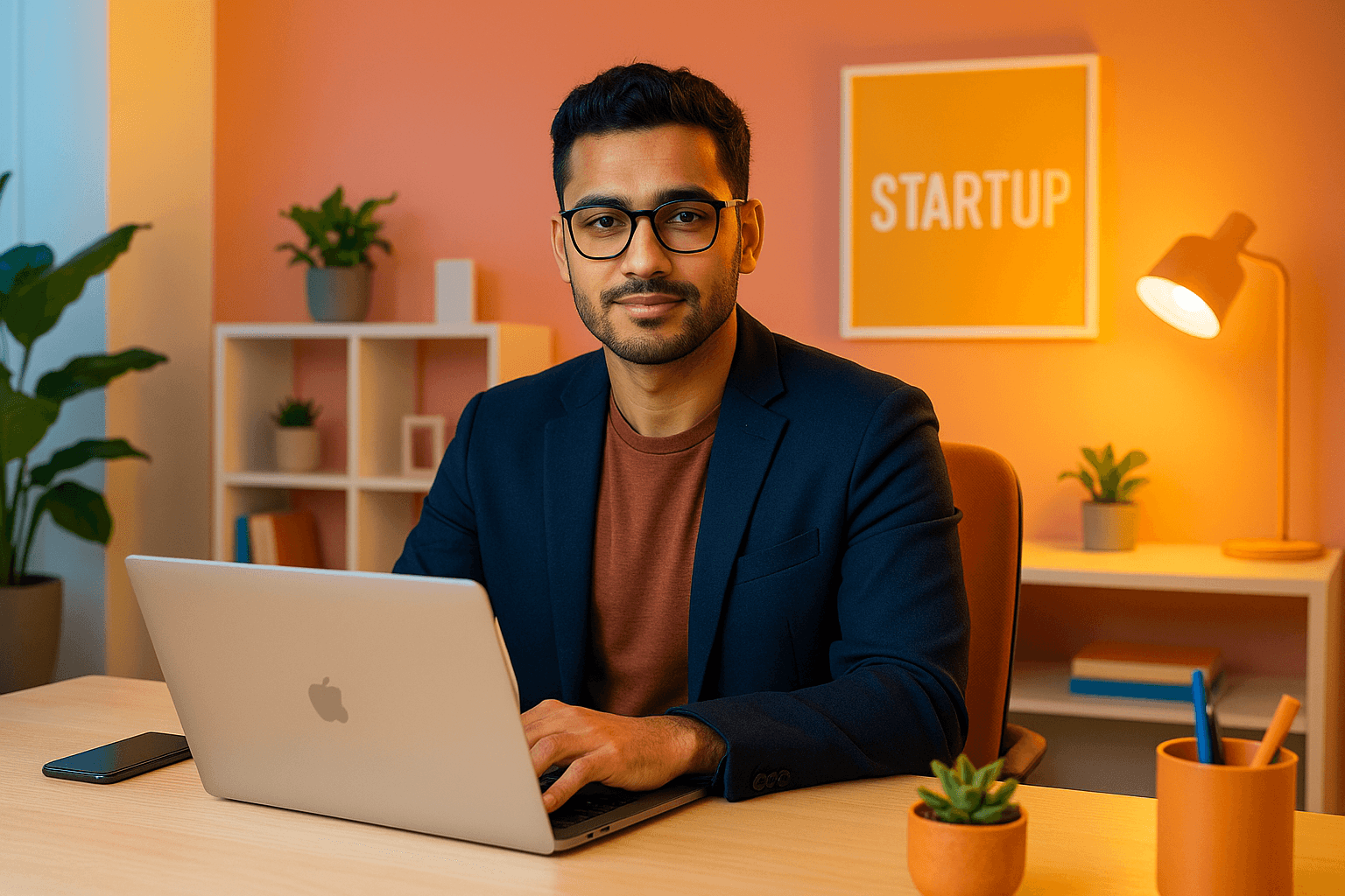 Professional AI entrepreneur working on laptop, modern startup aesthetic