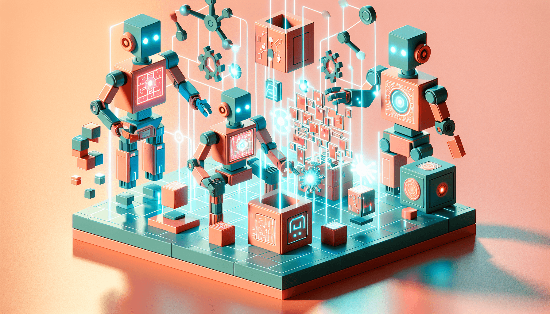 Building AI agents — 3D visualization of coral and teal geometric robot building blocks, glowing neural connections, bright friendly illustration representing AI agent construction
