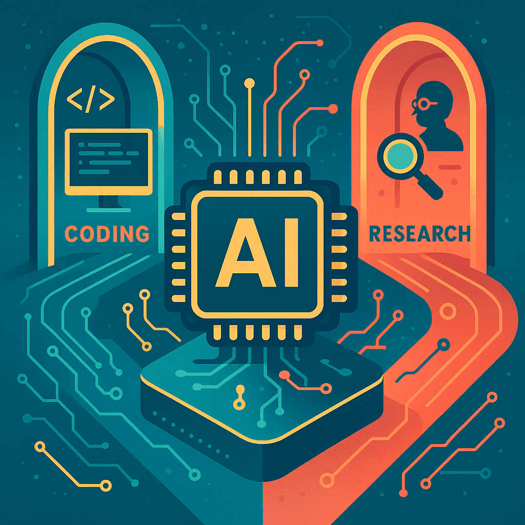 Bright vibrant dual-gateway AI architecture concept with two separate pathways for coding and research