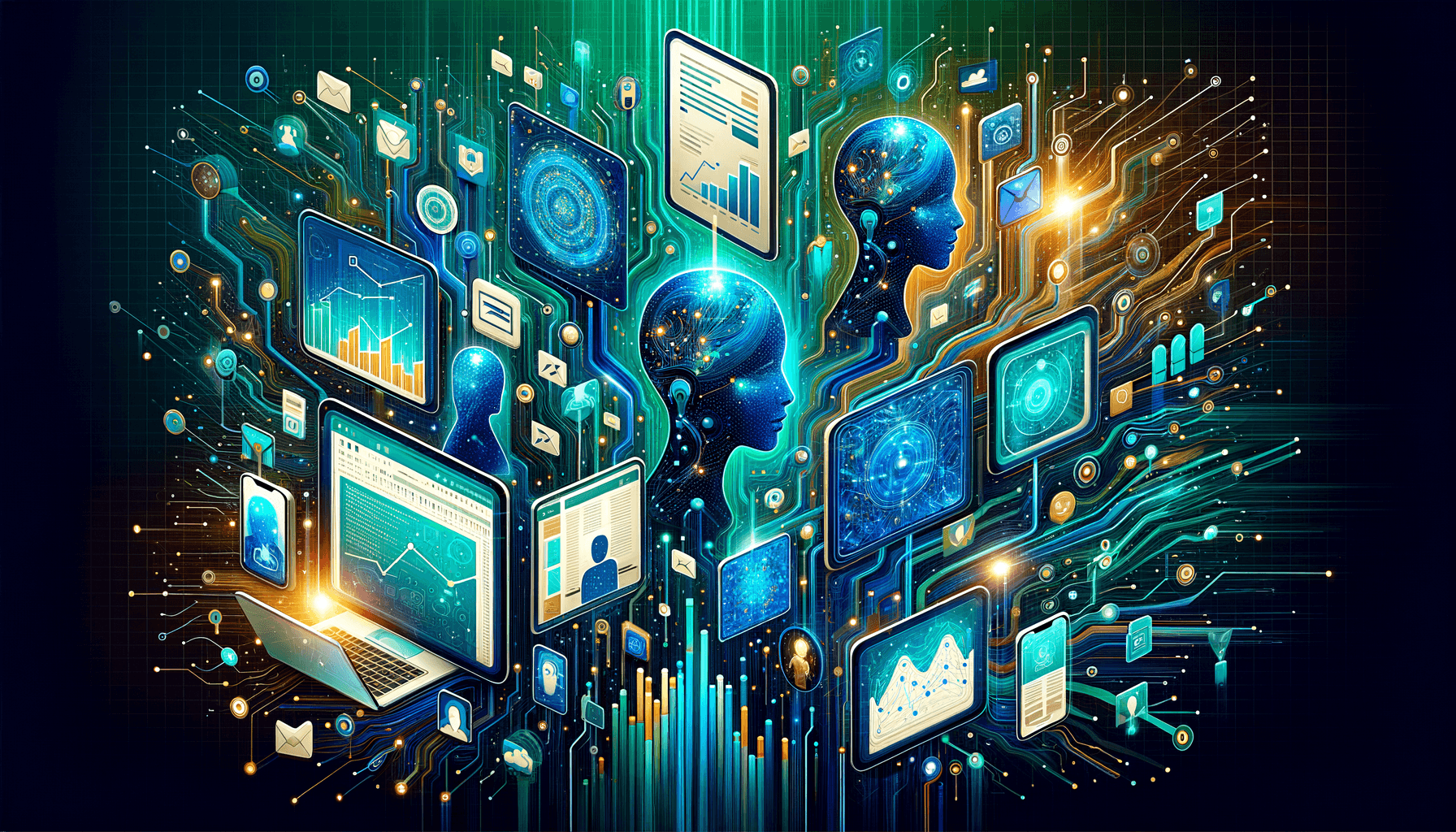 Abstract illustration of enterprise AI agents connecting business applications like spreadsheets, presentations, and messaging tools through glowing neural networks