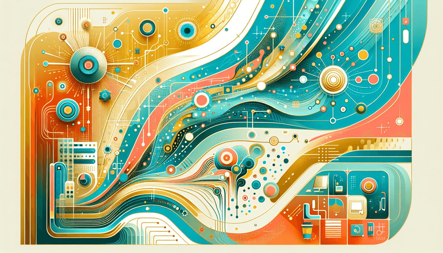 Abstract illustration of future workplace with AI and human collaboration in vibrant teal, gold, coral and blue colors