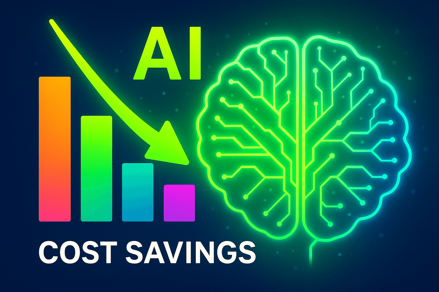 Bright vibrant AI cost savings concept with colorful bar chart showing dramatic cost reduction from $250 to $5