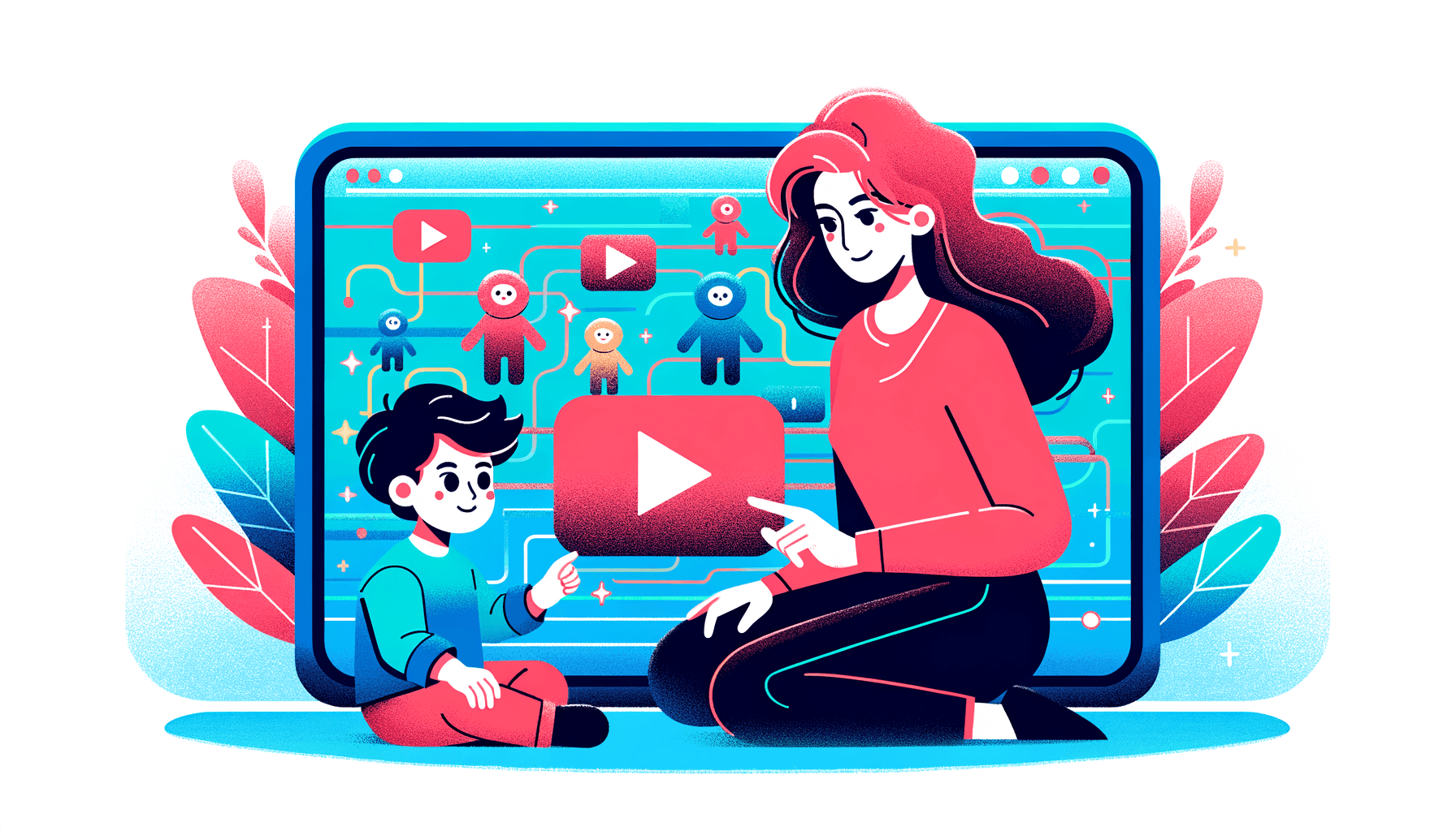 YouTube AI-generated content targeting children - bright illustration of a parent and child viewing colorful AI slop cartoon characters on a tablet screen