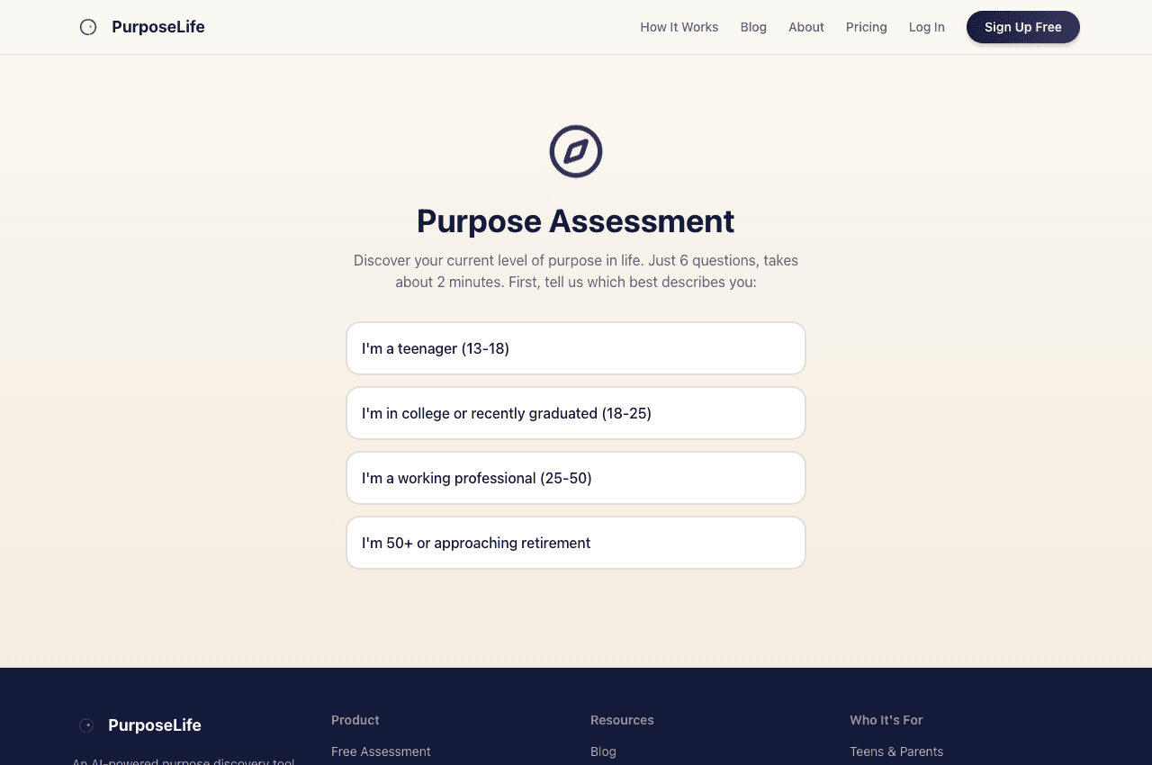 The public PurposeLife assessment entry screen