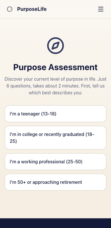 The public PurposeLife assessment entry screen on a phone